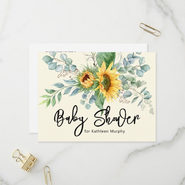 Invitation Carte Postale Baby shower vert de tournesol russe Eucalyptus (Devant/Arrière en situation)