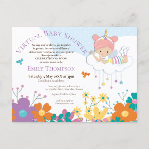 Invitation Carte Postale Baby shower virtuel Unicorn Fairy Birds Florals