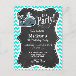 Invitation Carte Postale Baleine mignonne sur Turquoise, Aqua Color Chevron