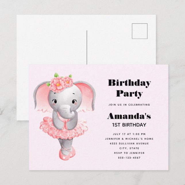 Invitation Carte Postale Ballerina Eléphant Cute Rose & Grey Anniversaire (Devant / Derrière)