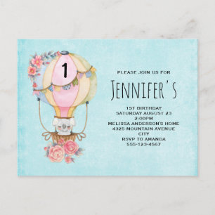 Invitation Carte Postale Ballons à air chaud mignon avec Aquarelle d'ours A
