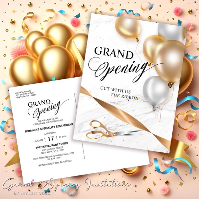 Invitation Carte Postale Ballons d'argent du ruban d'or Ciseaux Grand ouver (Créateur téléchargé)