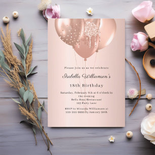 Invitation Carte Postale Ballons de couleur or rose anniversaire