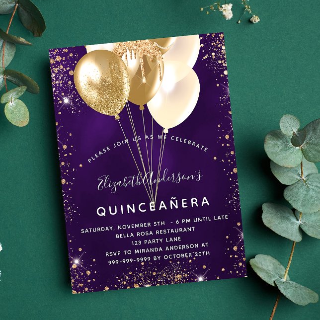Invitation Carte Postale Ballons de parties scintillant en or violet Quince (Créateur téléchargé)