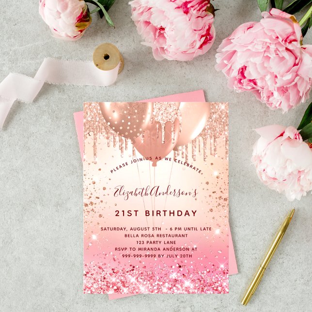 Invitation Carte Postale Ballons de parties scintillant rose or rose d'anni (Créateur téléchargé)