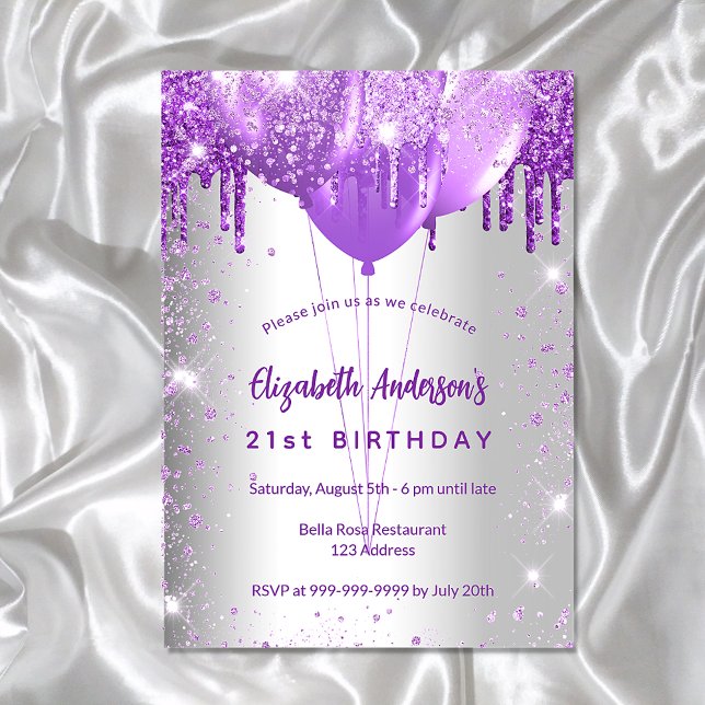 Invitation Carte Postale Ballons de parties scintillant violet argent d'ann (Créateur téléchargé)