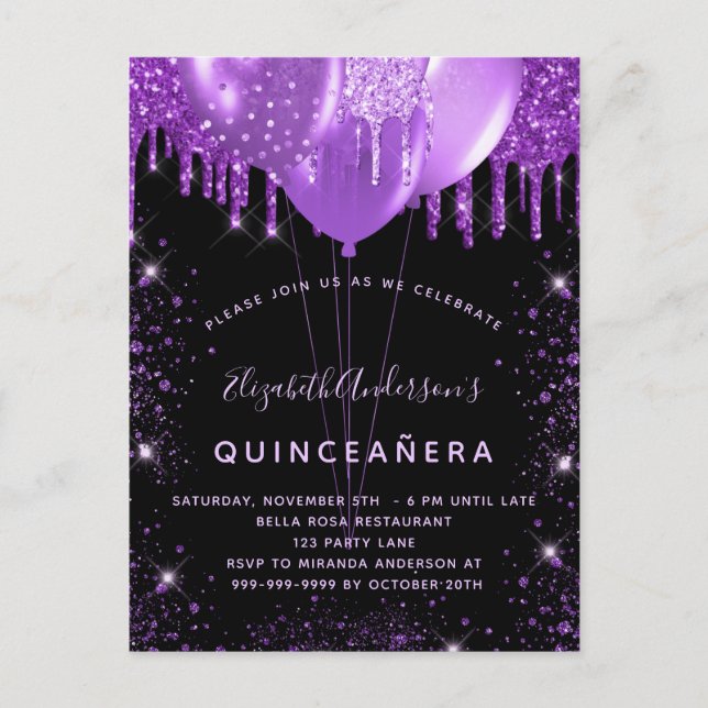 Invitation Carte Postale Ballons de poussière de parties scintillant violet (Devant)