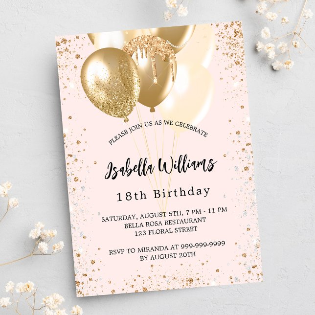 Invitation Carte Postale Ballons d'or rose pâle à la fête d'anniversaire (Créateur téléchargé)