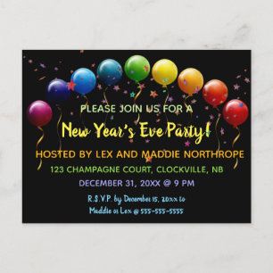 Invitation Carte Postale Ballons modifiables Stars Confetti Réveillon du No