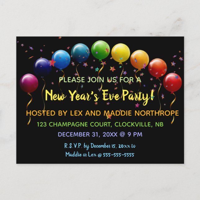 Invitation Carte Postale Ballons modifiables Stars Confetti Réveillon du No (Devant)