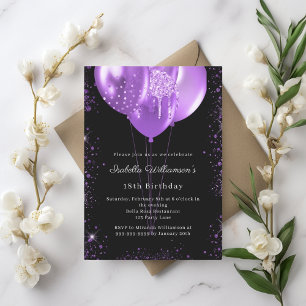 Invitation Carte Postale Ballons violet noir anniversaire