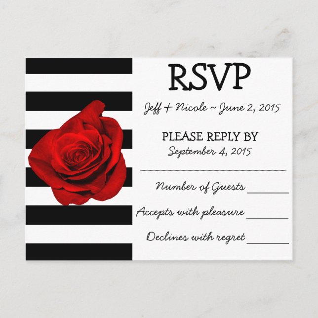 Invitation Carte Postale Bandes noires et blanches avec mariage rose rouge  (Devant)