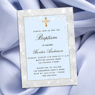 Invitation Carte Postale Baptême argent bleu garçon scintille