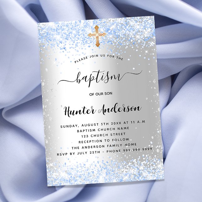 Invitation Carte Postale Baptême bleu argent confetti bébé garçon (Créateur téléchargé)