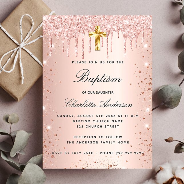 Invitation Carte Postale Baptême blush rose or parties scintillant gouttes  (Créateur téléchargé)