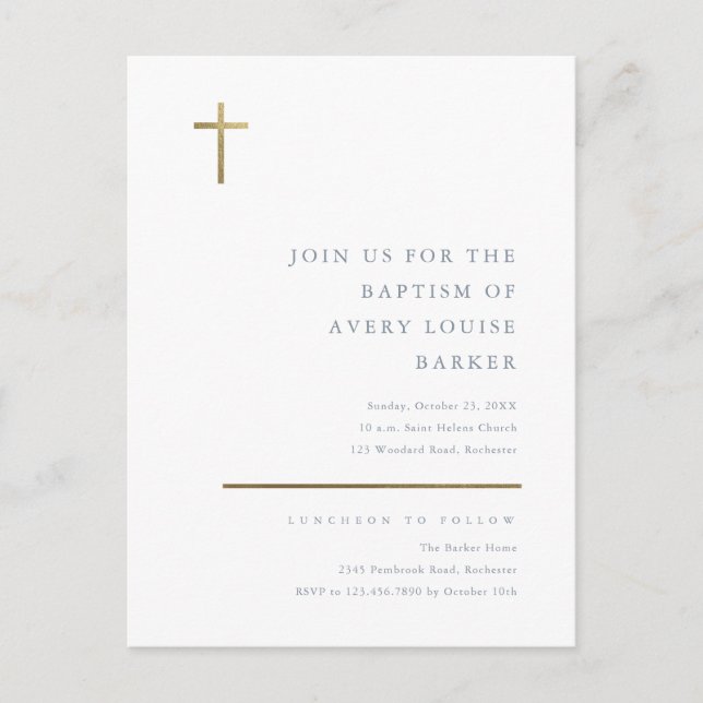 Invitation Carte Postale Baptême Croix Or Minimaliste Moderne (Devant)