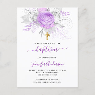Invitation Carte Postale Baptême fleurons violets fille élégant blanc