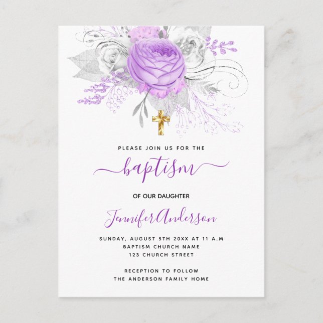 Invitation Carte Postale Baptême fleurons violets fille élégant blanc (Devant)