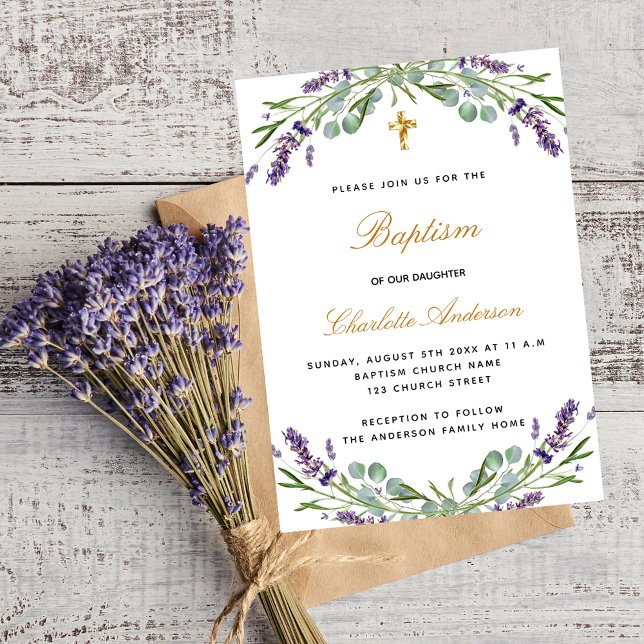 Invitation Carte Postale Baptême lavande violette florale eucalyptus verdur (Créateur téléchargé)