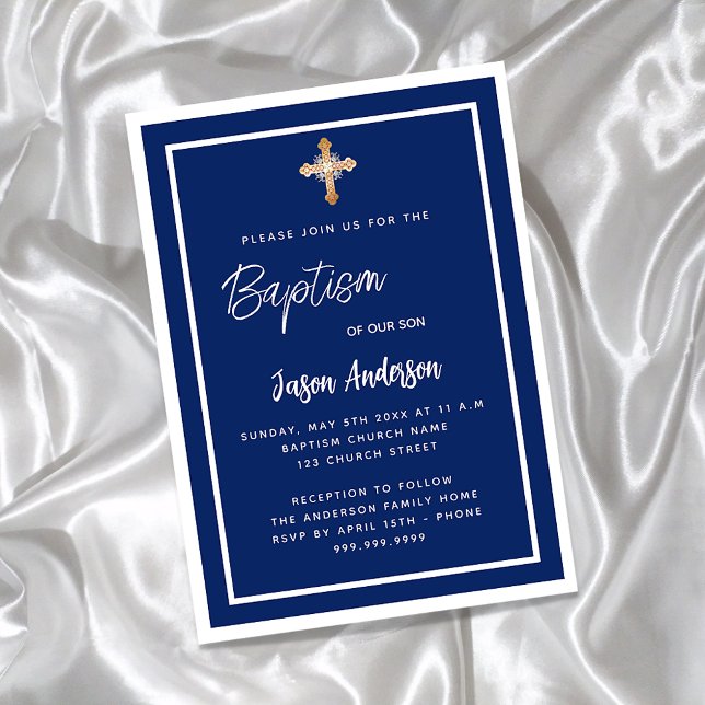 Invitation Carte Postale Baptême marine bleu blanc garçon Croix d'or (Créateur téléchargé)