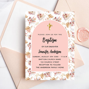 Invitation Carte Postale Baptême pampas fleurs rose or rose fille