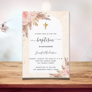 Invitation Carte Postale Baptême pampas herbe rose or rousse marbre rose