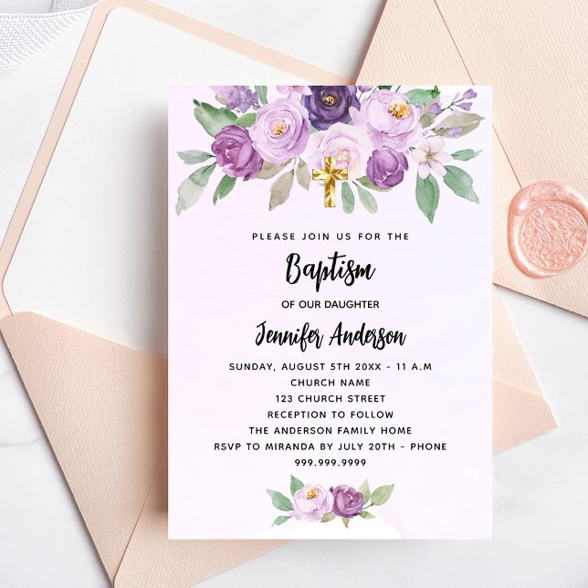 Invitation Carte Postale Baptême violet fleurs croix de verdure (Créateur téléchargé)