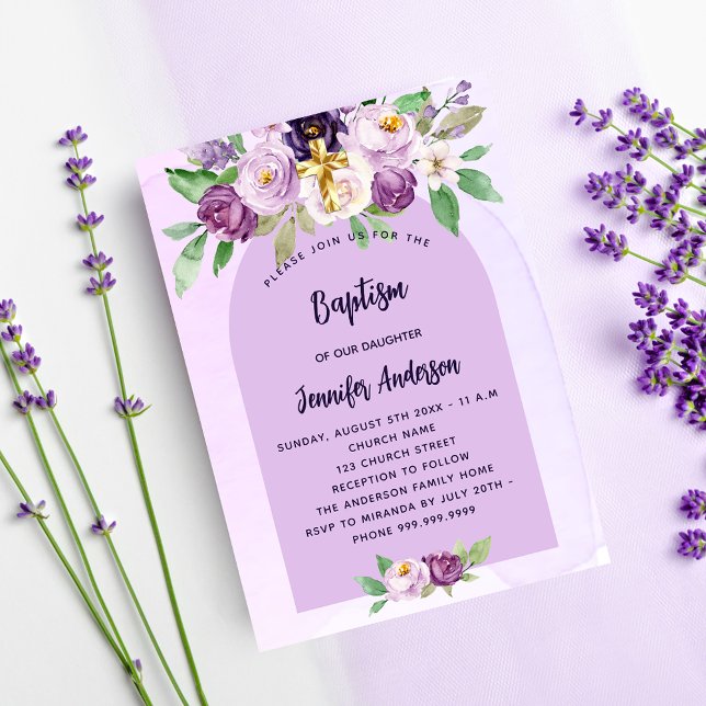 Invitation Carte Postale Baptême violet fleurs violet croix fille (Créateur téléchargé)