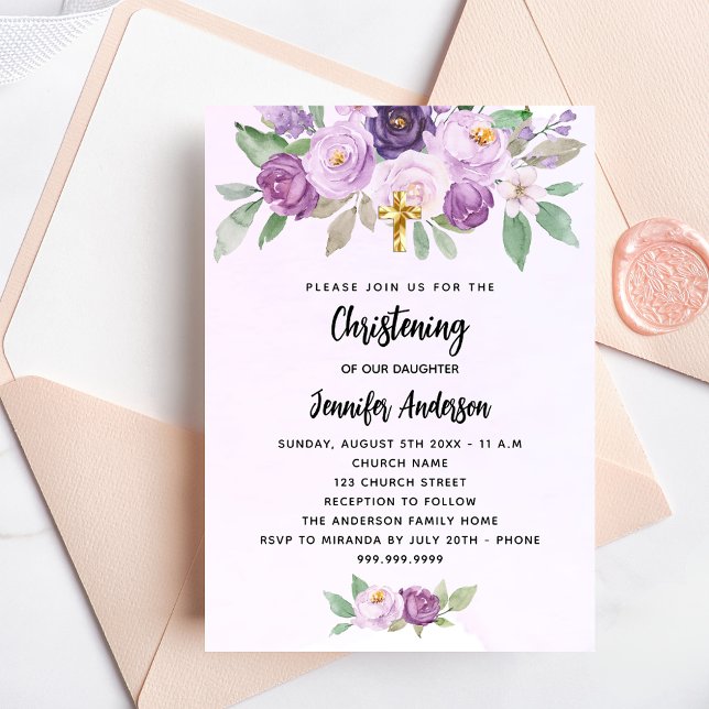 Invitation Carte Postale Baptiste fleurs violet croix verte (Créateur téléchargé)