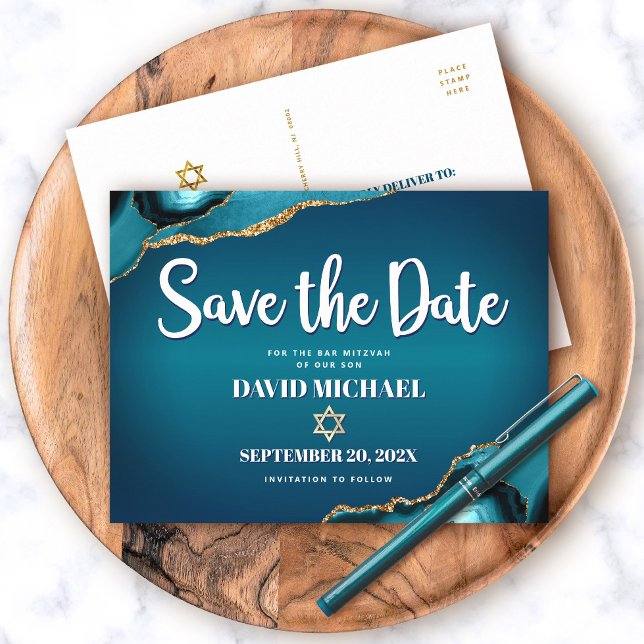 Invitation Carte Postale Bar Mitzvah Enregistrer la date Turquoise Ombre Ag (Créateur téléchargé)