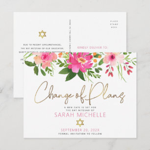Invitation Carte Postale Bar Mitzvah Floral Rose Clair Aquarelle Écriture D
