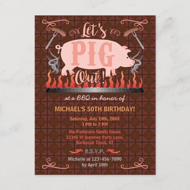 Invitation Carte Postale Barbecue BBQ Funny Cochon été fête d'anniversaire (Devant)