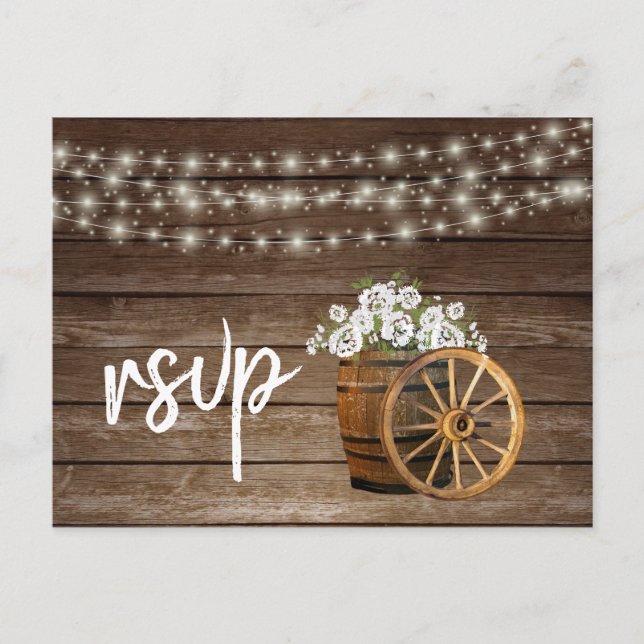 Invitation Carte Postale Baril en bois rustique avec fleurs blanches - RSVP (Devant)