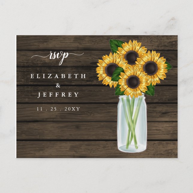 Invitation Carte Postale Barre Bois Chaîne Lumières Tournesols RSVP (Devant)