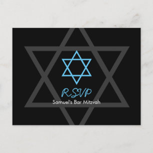 Invitation Carte Postale Barre noire et bleue Mitzvah RSVP