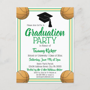 Invitation Carte Postale Basketball Green & Gold Graduation Party