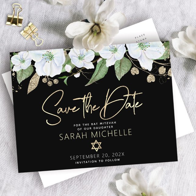 Invitation Carte Postale Bat Mitzvah Black Gold Script Watercolor Floral (Créateur téléchargé)