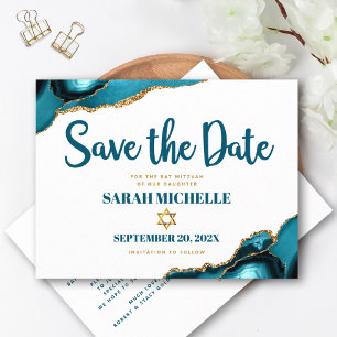 Invitation Carte Postale Bat Mitzvah Date à retenir Turquoise Agate Script