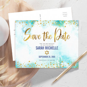 Invitation Carte Postale Bat mitzvah Date de sauvegarde Gold Turquoise Aqua