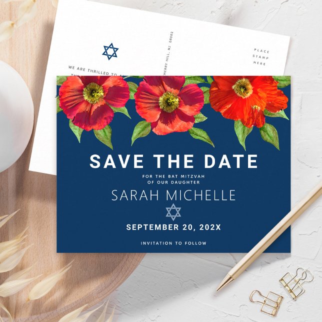 Invitation Carte Postale Bat mitzvah de la Marine Sauvez la date Floral Aqu (Créateur téléchargé)