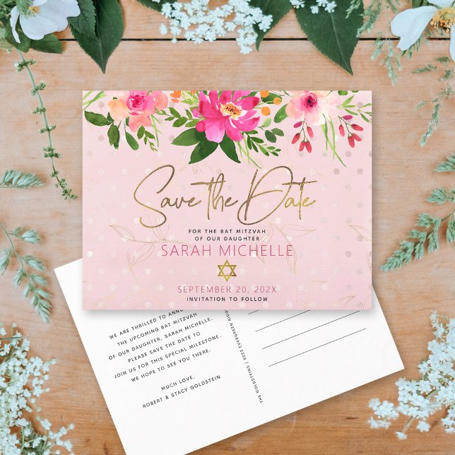 Invitation Carte Postale Bat mitzvah Enregistrer la date Pink Floral Aquare (Créateur téléchargé)