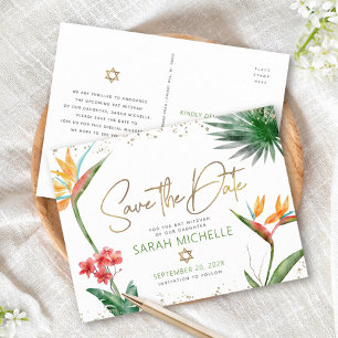 Invitation Carte Postale Bat mitzvah Enregistrer la date Tropical Floral Go