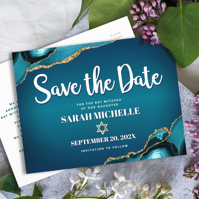 Invitation Carte Postale Bat mitzvah Enregistrer la date Turquoise Ombre Ag (Créateur téléchargé)