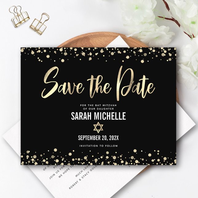 Invitation Carte Postale Bat Mitzvah Enregistrez la date Moderne Or Noir Sc (Créateur téléchargé)