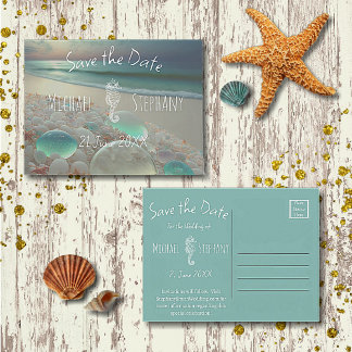 Invitation Carte Postale Beach Sea Glass Seahorse Économisez la date
