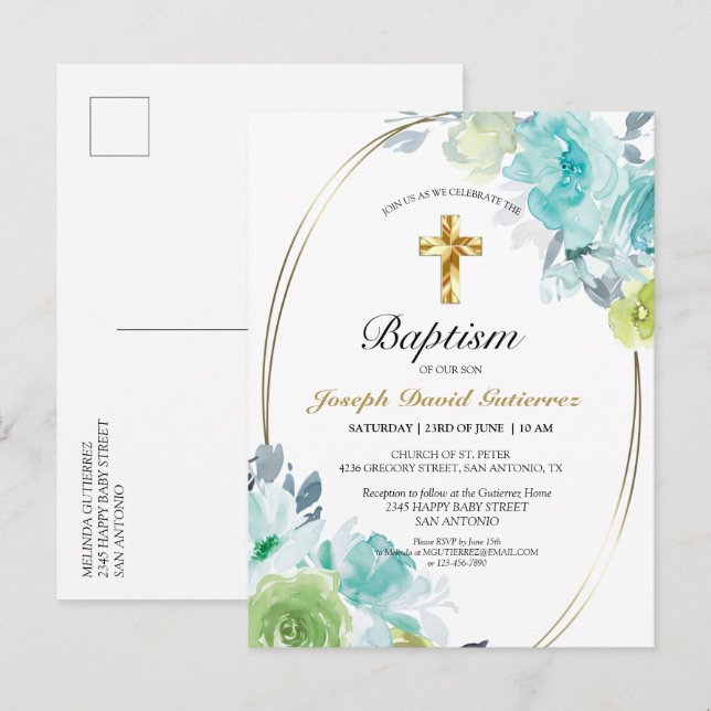 Invitation Carte Postale Beau bleu Floral Gold Cross Baby Baptism (Devant / Derrière)