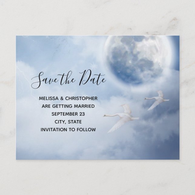 Invitation Carte Postale Beau ciel bleu avec cygnes volants Sauvez la date (Devant)