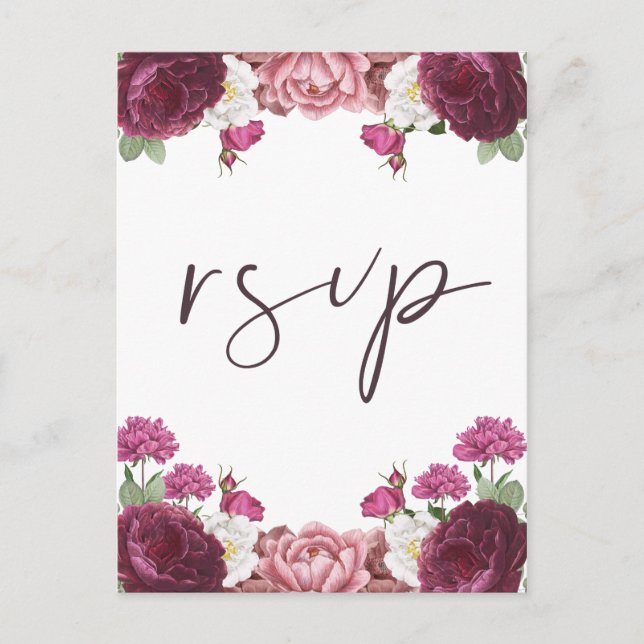 Invitation Carte Postale Beau Floral Bourgogne Mariage Rsvp (Devant)