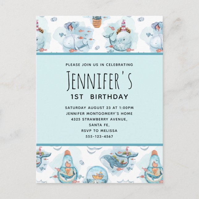 Invitation Carte Postale Beaux Baleines nautiques Aquarelle Motif Anniversa (Devant)