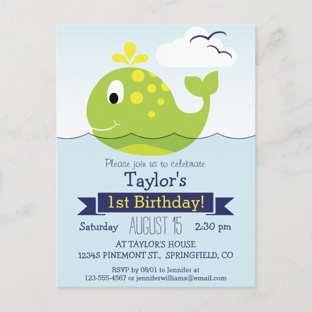 Invitation Carte Postale Bébé Baleine verte Fête d'anniversaire des enfants (Devant)